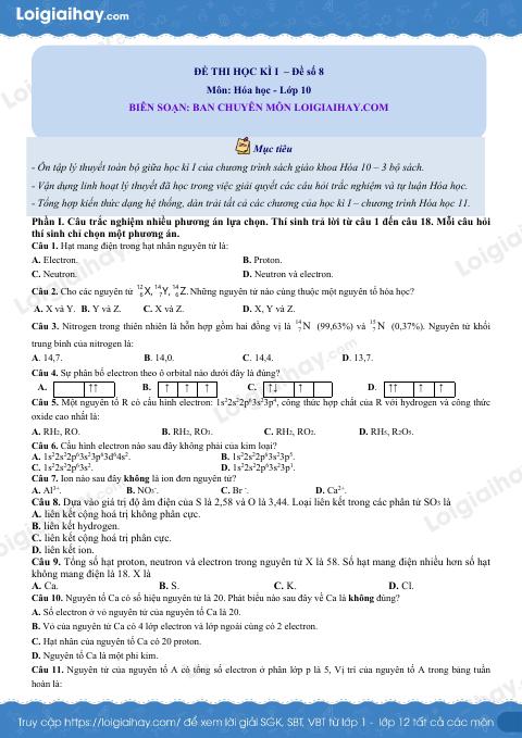 Đề thi học kì 1 Hóa 10 Cánh diều - Đề số 8